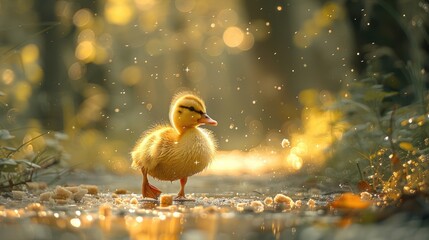 A whimsical scene of a duckling following a trail of breadcrumbs, with each detail of its fluffy feathers and environment captured vividly.