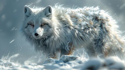 Obraz premium An Arctic fox in its winter coat, camouflaged against the snow, with each fur detail and the icy environment depicted with crystalline clarity.