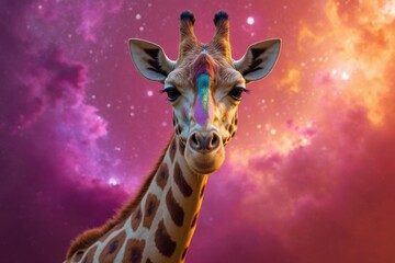Colorful Giraffe Portrait Against Vibrant Cosmic Background