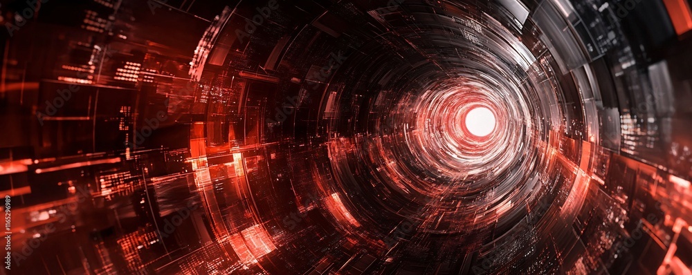 Poster Swirling red digital tunnel effect transmitting data through cyberspace