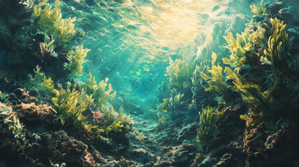 Fototapeta premium Rich underwater vegetation with green algae thriving on the rocky ocean floor, bathed in golden sunlight in the clear waters of the Atlantic
