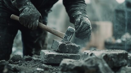 Skilled Worker Using Hammer to Fit Bricks in Construction Site