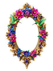 Elegant Oval Frame with Hummingbirds and Tropical Flowers, Gold Baroque Border Design png generative ai