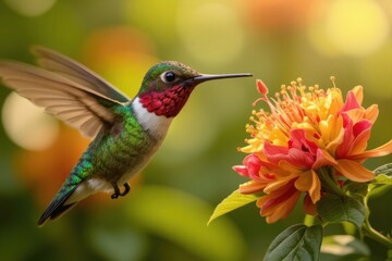 Fototapeta premium Vibrant Hummingbird in Flight Near Colorful Flower Blossom