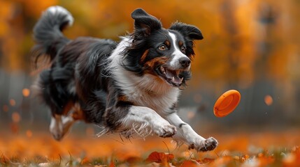 Fototapeta premium An energetic Border Collie catching a frisbee, with dynamic motion blur, set in a lush park, showcasing the dog's agility and focus.