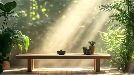 A sleek wooden table in a tranquil corner, surrounded by indoor plants, soft sunlight creating a peaceful zen ambiance, minimalist and balanced composition, hd quality, high-detail realism. --ar 16:9
