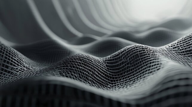 Abstract black mesh grid waving and flowing in digital landscape