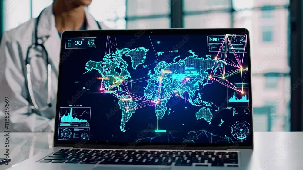Fototapete Global health data visualization and analysis in a medical environment focused on technology and innovation