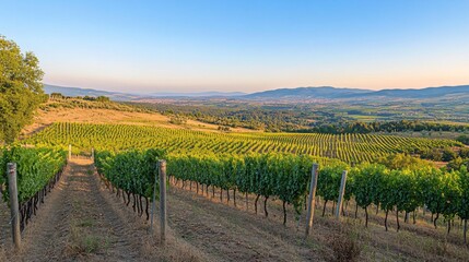 Serene Sunset View Over Expansive Vineyard Landscape in Peaceful Countryside