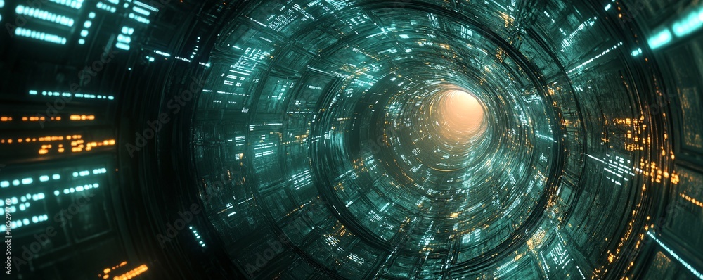 Poster Digital data stream flowing through futuristic cyberspace tunnel