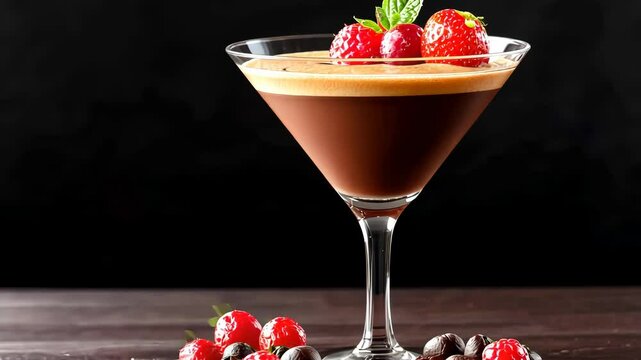 Glass of chocolate martini with a garnish of raspberries. The drink is served in a martini glass and is topped with a few raspberries. Concept of sophistication and indulgence