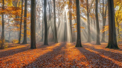 Obraz premium Sunbeams through Autumn Forest Misty Woods Fall Scenery Golden Leaves