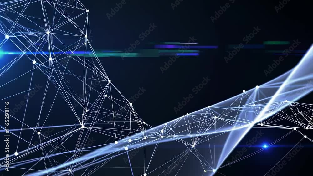 Poster dynamic abstract visuals showcasing interconnected lines and glowing nodes in a dark digital environ