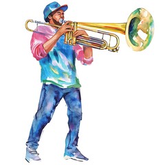 Watercolor painting of a young man playing the trombone.