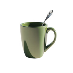 a green coffee cup with a spoon in it