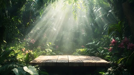A weathered wooden table in a jungle oasis, enveloped by lush green plants and tropical blooms, sunlight breaking through the canopy above, creating a serene and untouched natural retreat, hd quality,