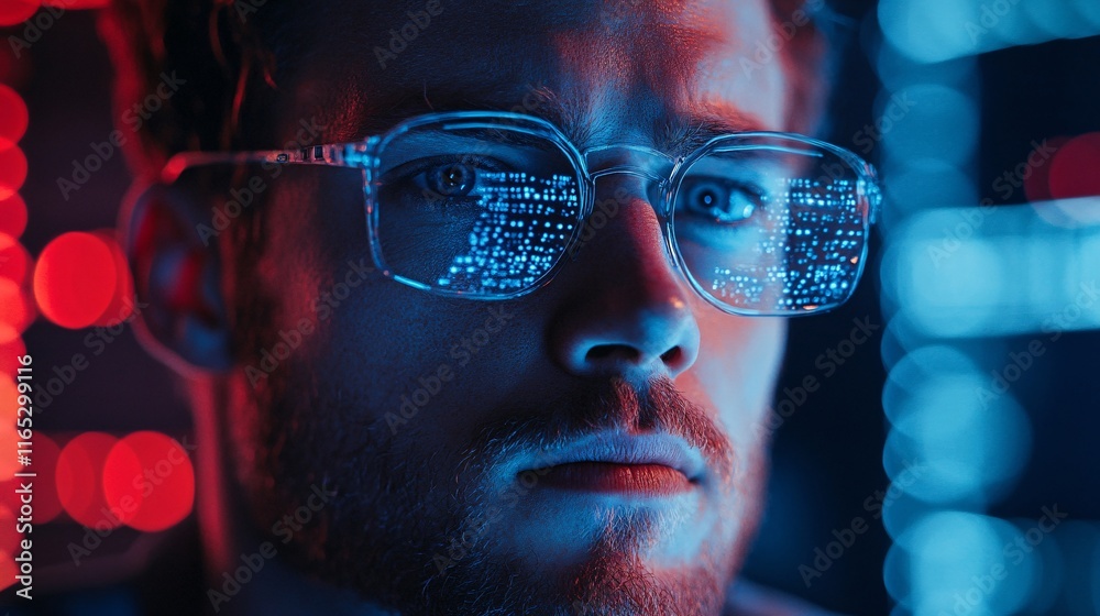 Poster Software engineer analyzing code reflected in glasses with futuristic red and blue lighting