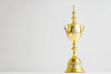 golden trophy with classic design standing upright on bright white background