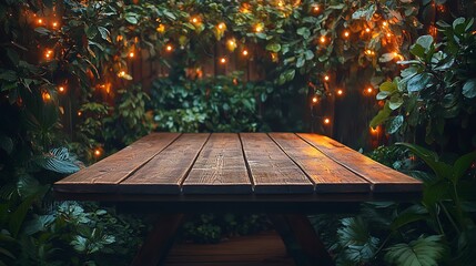 Naklejka premium A weathered wooden table placed among lush plants, illuminated by softly glowing fairy lights, the scene bathed in the warm tones of twilight, serene and tranquil garden vibes, hd quality,