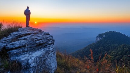 Obraz premium Person looks at sunrise on peak with mountains.