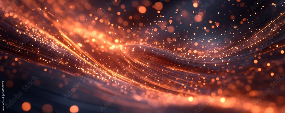 Poster abstract orange particles flowing on dark background