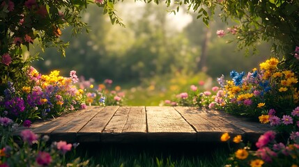 Naklejka premium A weathered wooden table surrounded by a sea of wildflowers in vibrant colors, lush greenery creating a natural frame, soft sunlight illuminating the scene,