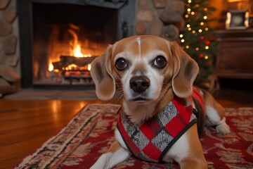 Beagle dog by fireplace, Christmas tree.