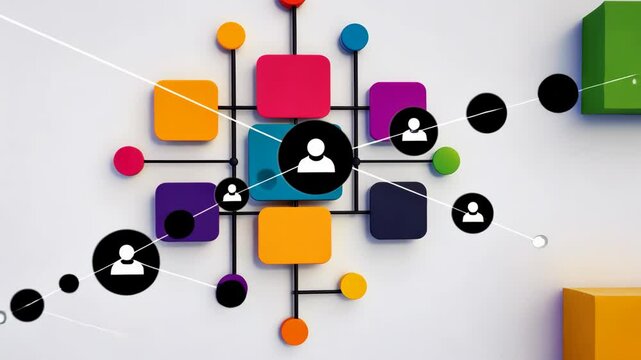 Colorful clock with a blue square in the middle. The clock has a black dot in the center of the blue square. The clock is surrounded by six other squares in different colors