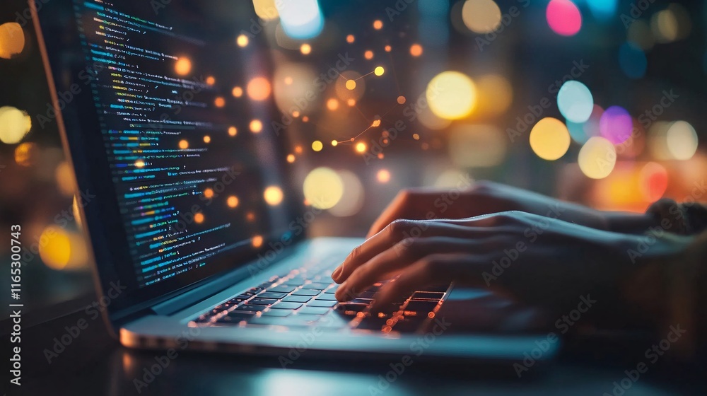 Poster Software developer typing code on laptop keyboard in city at night