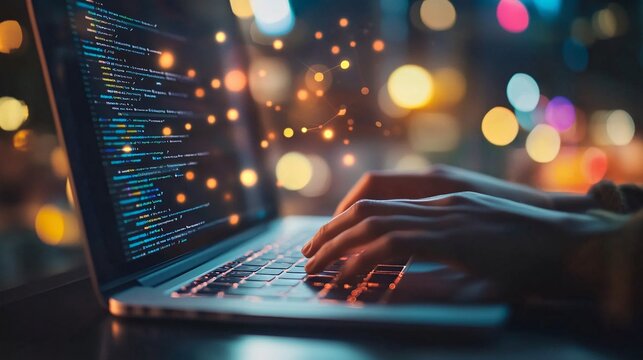 Software developer typing code on laptop keyboard in city at night