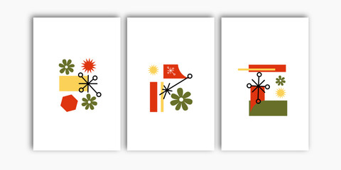 Set of three abstract mid-century wall art. Geometry poster vector collection and wall print.
