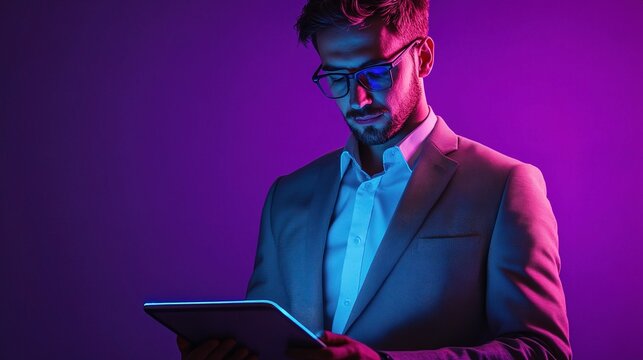 Neon Businessman:  A stylish man in a suit uses a tablet, bathed in vibrant neon purple and blue light.  The image conveys a sense of modern technology and professional focus. 