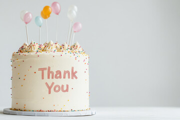 Colorful thank you cake with balloons and sprinkles on white background
