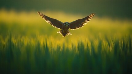 Obraz premium Bird in flight over green field at sunset.