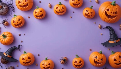 halloween background with copy space surrounded by halloween ornament, pumkins with different expression soft pastel color