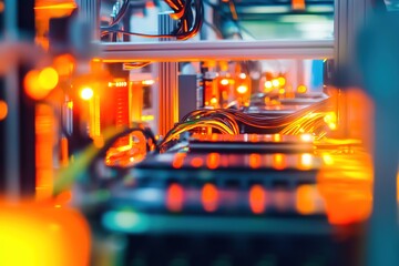 high-tech server room filled with big data processing units with blurred glowing cables adding depth