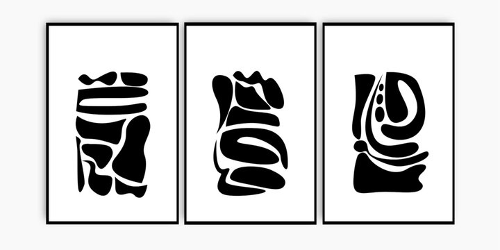 Set of three abstract black and white wall art. Scandinavian wall print collection. 