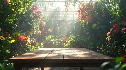 Naklejka premium A wooden table in a bright greenhouse, surrounded by tropical plants, colorful flowers, and climbing ivy, natural light pouring in through the glass ceiling, peaceful and airy atmosphere, hd quality,