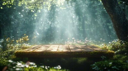 Fototapeta premium A wooden table in an enchanted forest glade, moss-covered and encircled by luminous plants, soft mist and light beams creating a magical aura, high-detail realism, cinematic and dreamlike. --ar 16:9