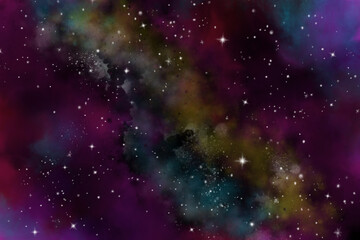 Star field in galaxy space with nebulae, abstract watercolor digital art painting for texture background