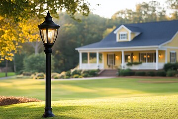 Black lamppost on green lawn with yellow house background.