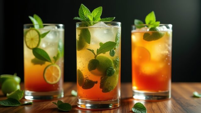 Three refreshing mojitos sit side by side on a rustic wooden table, their icy clarity and sprigs of fresh mint framed against a sleek black backdrop