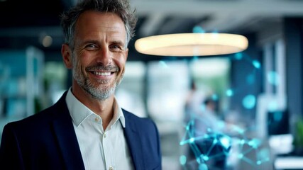 Confident Businessman Smiles in Modern Office with Digital Network Graphics Overlay - Powered by Adobe