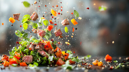 Bursting Fresh Salad Ingredients Tossed in Mid Air