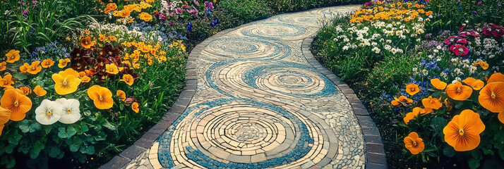 Mosaic Garden Pathway with Blooming Flowers