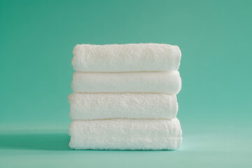 Four white towels against turquoise background
