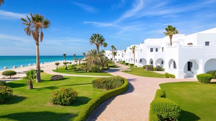 Fototapeta premium Serene Coastal Resort Pathway with Lush Greenery and Bright Blue Sky