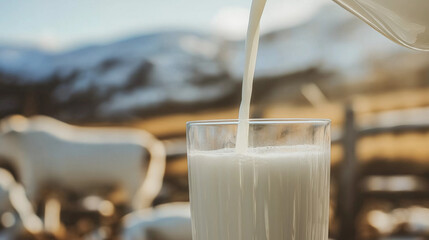 Fresh milk pouring into a clean glass, symbolizing safety and quality, with a focus on the pure white stream and dairy farm essence.