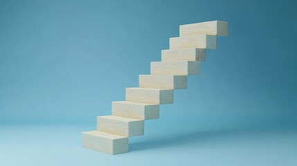 Wooden Steps Ascending on Blue Background, Symbolizing Growth and Progress