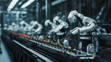 Fototapeta premium Advanced Robotic Assembly Line with Workers and Automation Technology